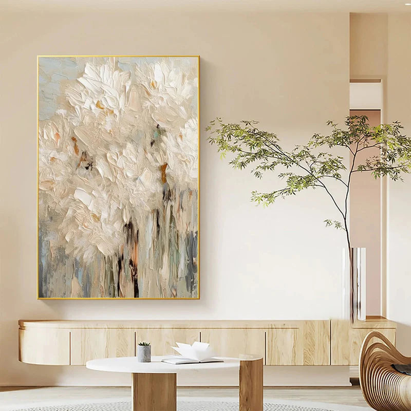 soft blooming textured cream floral abstract oil painting