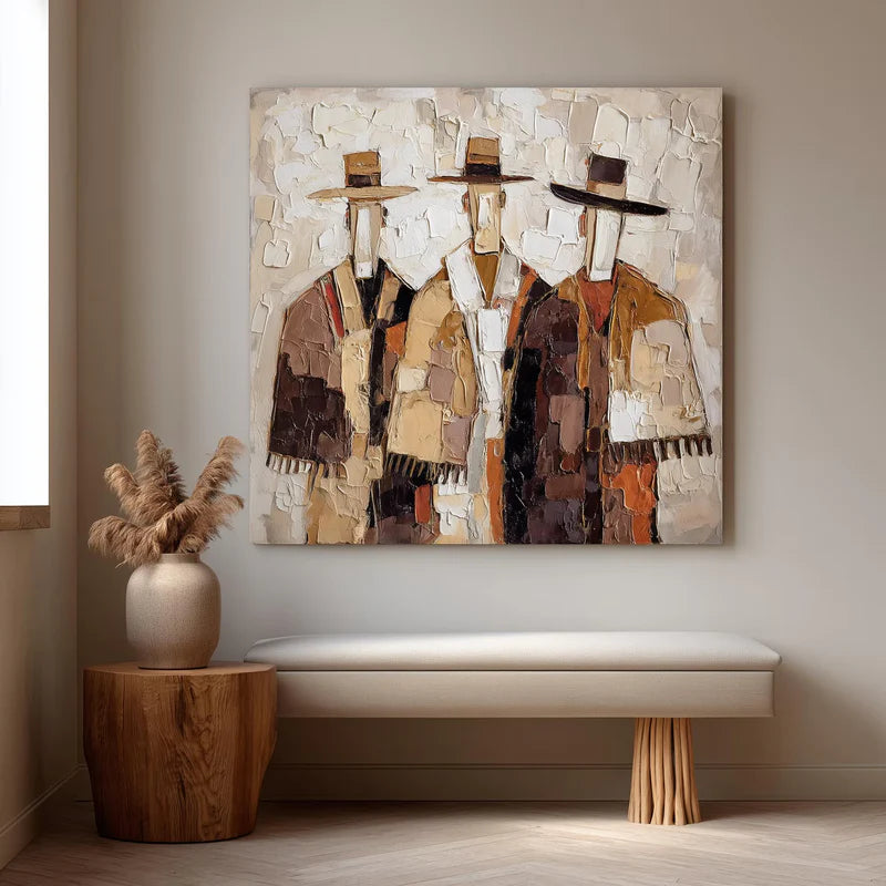 Trio of wanderers textured abstract figures neutral tones oil painting