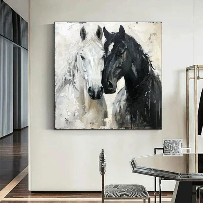 Twin Majesty-Modern Interior Decoration 3D Black and White Double Horse Texture Oil Painting - artextured