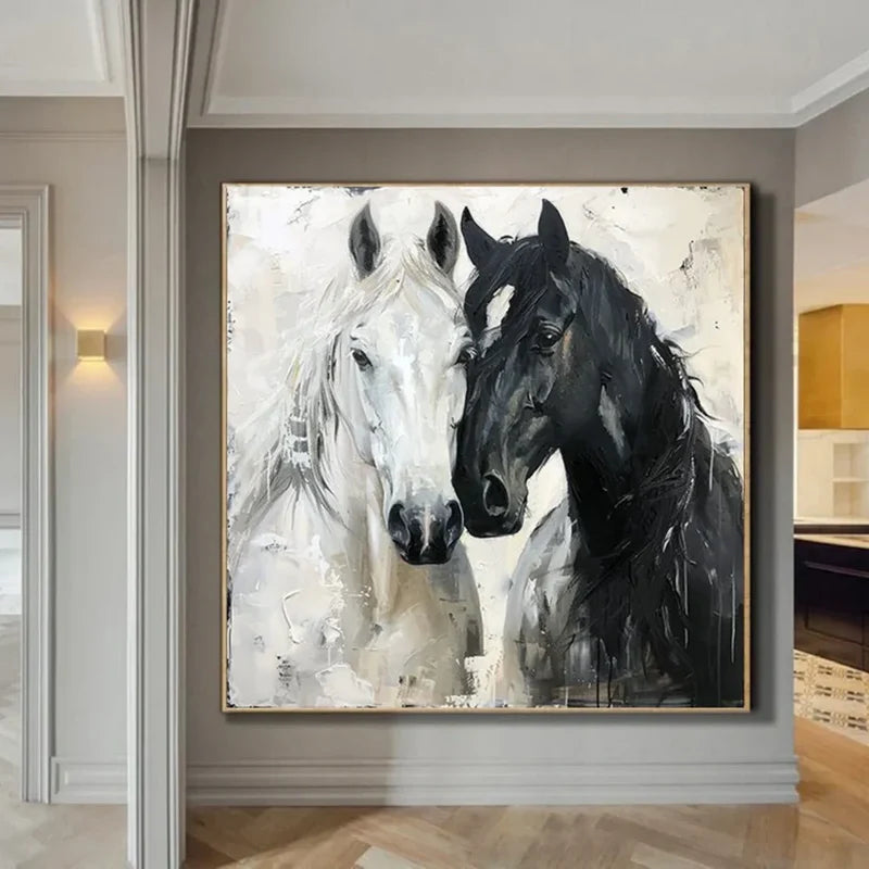 Twin Majesty Black White Horse PortraitOil Painting