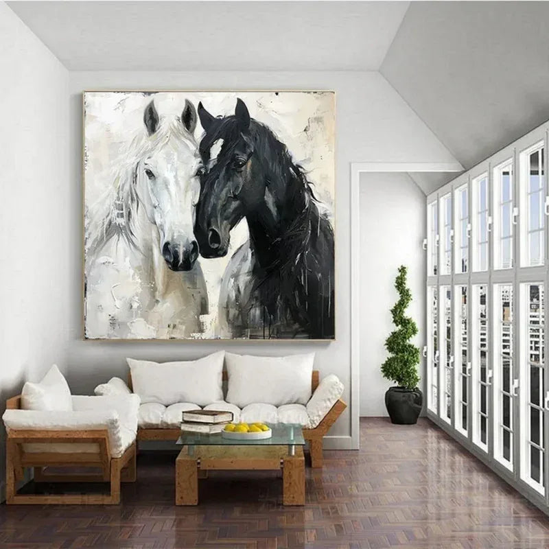 Twin Majesty-Modern Interior Decoration 3D Black and White Double Horse Texture Oil Painting - artextured