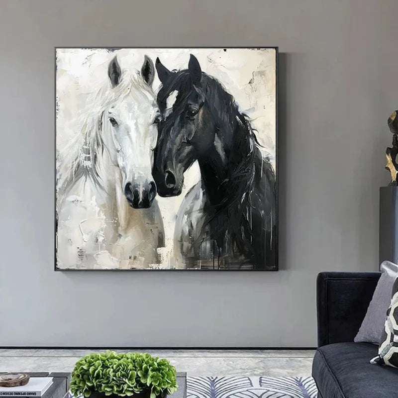 Twin Majesty Black White Horse PortraitOil Painting