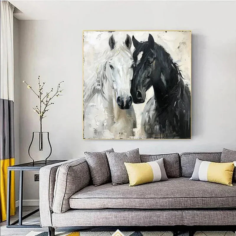 Twin Majesty-Modern Interior Decoration 3D Black and White Double Horse Texture Oil Painting - artextured