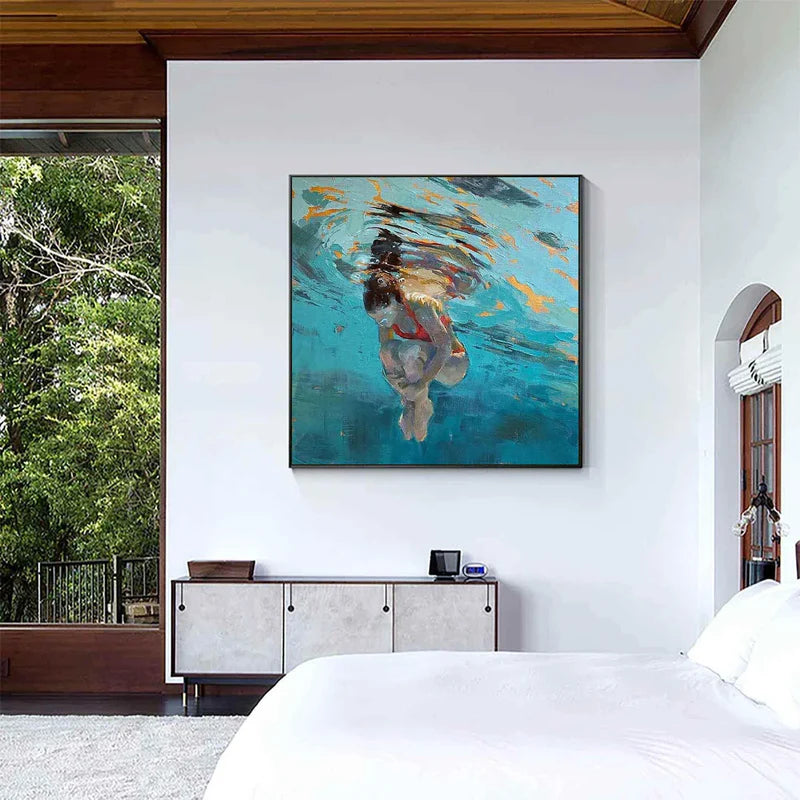 Underwater Drift-Hand drawn Swimmer Character Square Wall Art