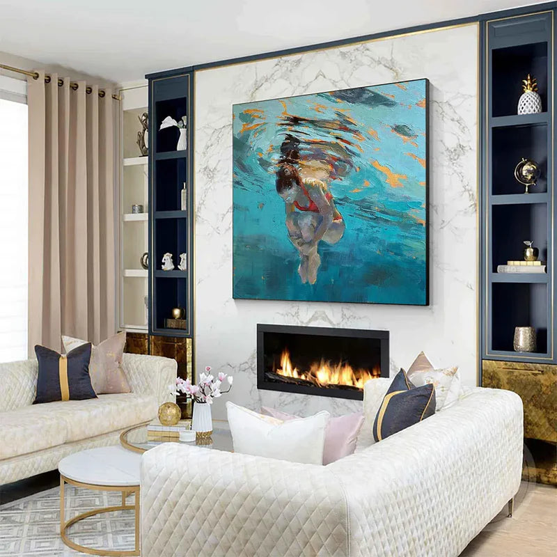 Underwater Drift-Hand drawn Swimmer Character Square Wall Art