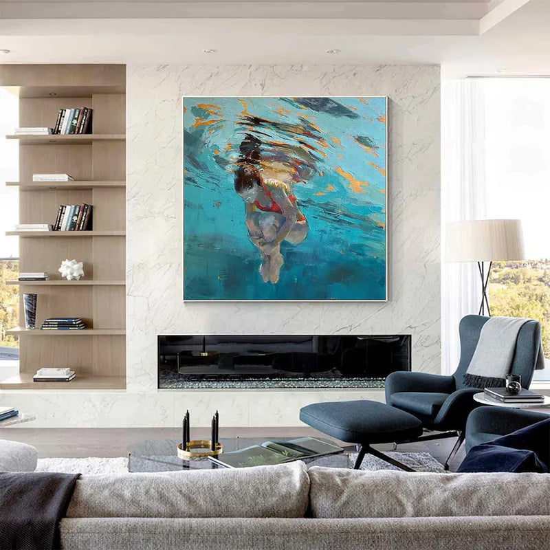 Underwater Drift-Hand drawn Swimmer Character Square Wall Art