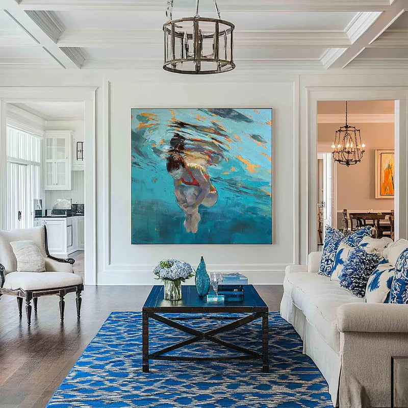 Underwater Drift-Hand drawn Swimmer Character Square Wall Art