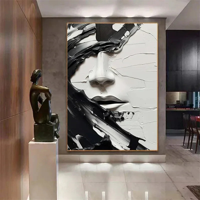 Veiled Echo-Hand Drawn Thick Painted 3D Black and White Facial Abstract Oil Painting Wall Art - artextured