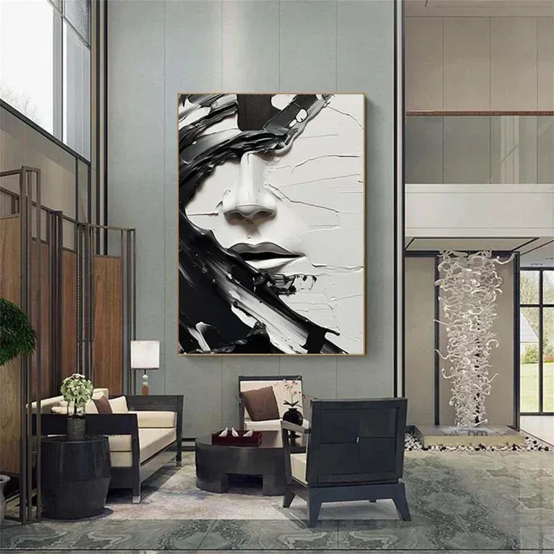 Veiled Echo-Hand Drawn Thick Painted 3D Black and White Facial Abstract Oil Painting Wall Art - artextured