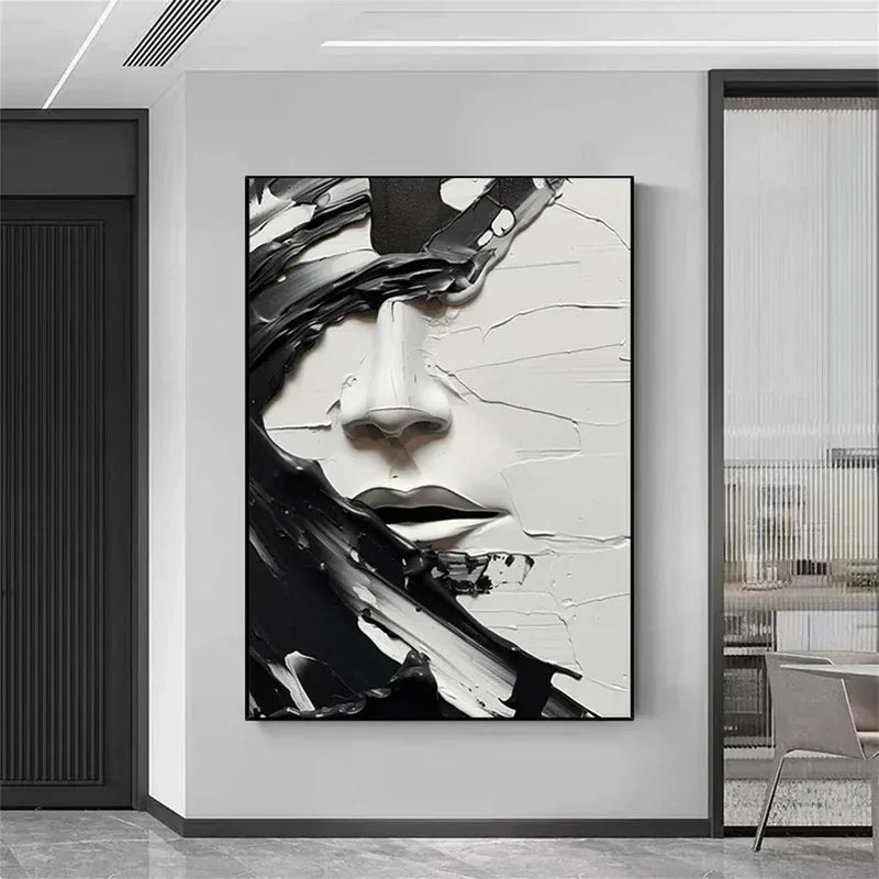 Veiled Echo-Hand Drawn Thick Painted 3D Black and White Facial Abstract Oil Painting Wall Art - artextured