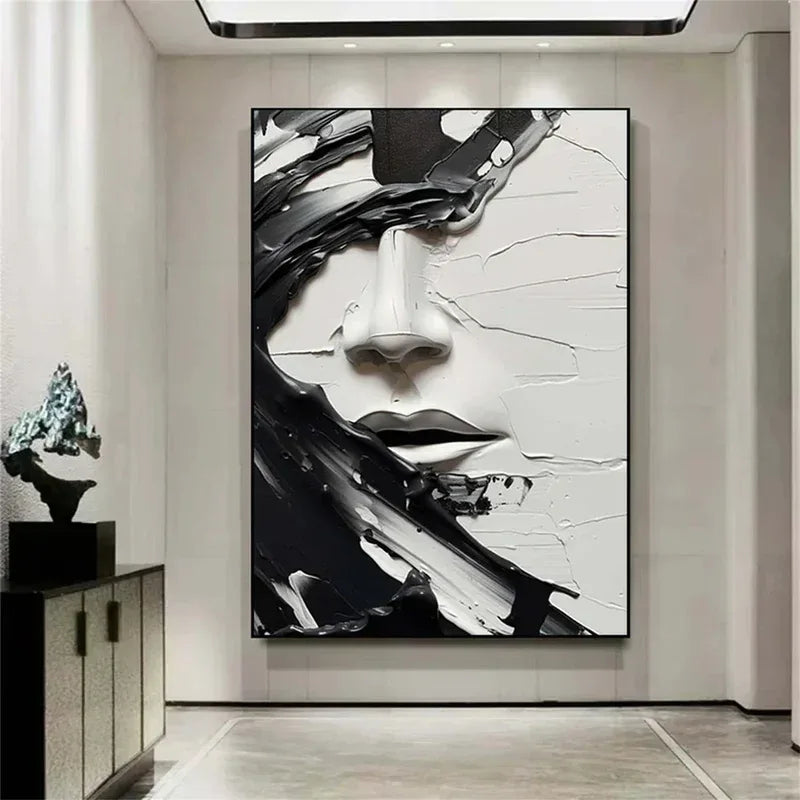 Veiled Echo-Hand Drawn Thick Painted 3D Black and White Facial Abstract Oil Painting Wall Art - artextured