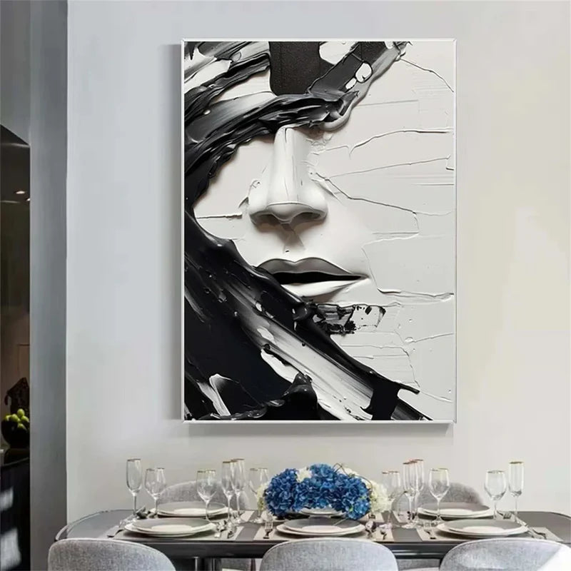 veiled echo textured black and white abstract female portrait oil painting