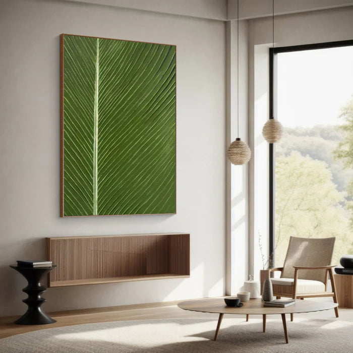 Verdant Veins - Minimalist Textured Leaf Abstract Oil Painting