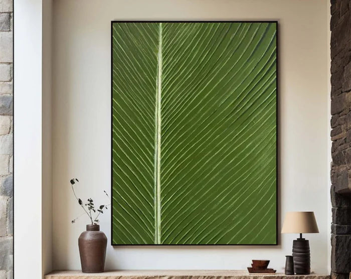 Verdant Veins - Minimalist Textured Leaf Abstract Oil Painting