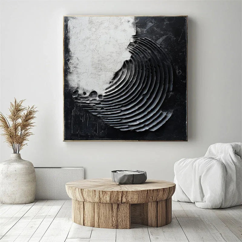 Echoes of Balance-Modern Minimalist 3D Black and White Curved Decorative Oil Painting Wall Art - artextured