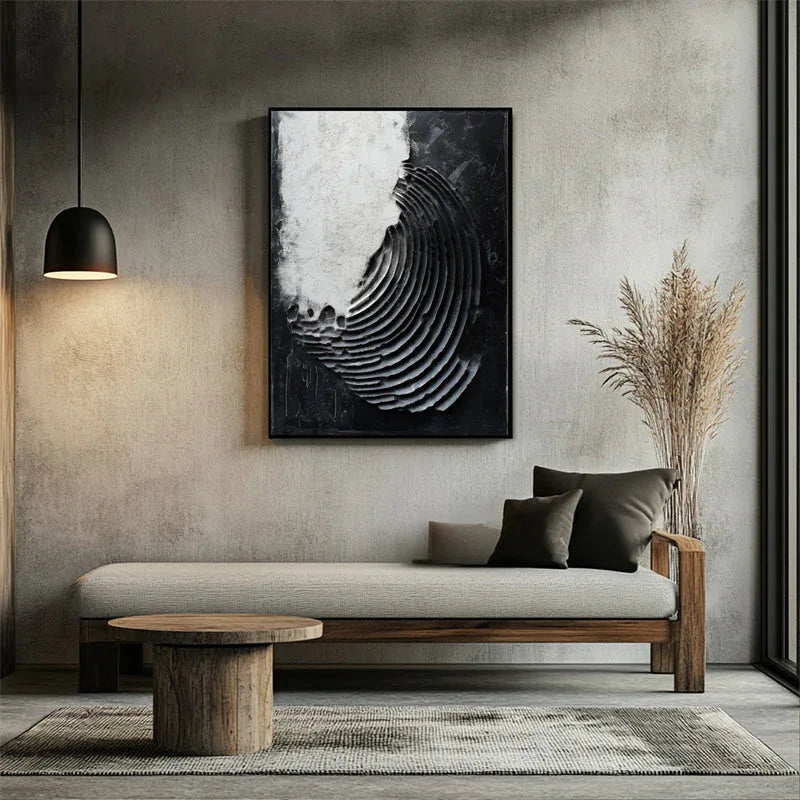 Eclipsed Waves-Modern Minimalist Spiral Layered Black and White Texture Abstract Wall Art - artextured