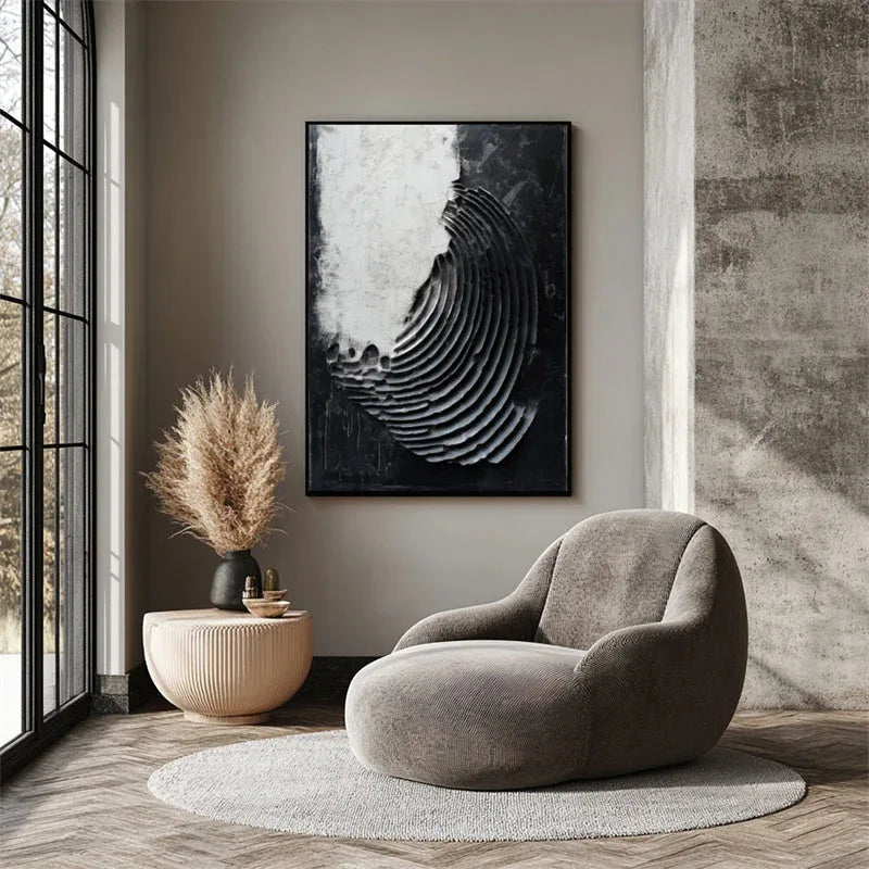 Eclipsed Waves-Modern Minimalist Spiral Layered Black and White Texture Abstract Wall Art - artextured