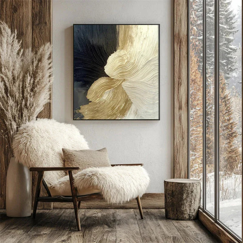 Whirl of Serenity – The Flowing Black Gold Vortex Abstract Wall Art With Hand Drawn Textures - artextured