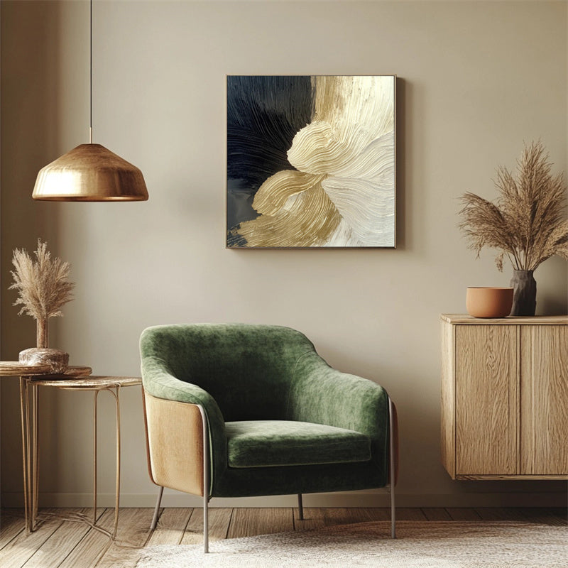 Whirl of Serenity – The Flowing Black Gold Vortex Abstract Wall Art With Hand Drawn Textures