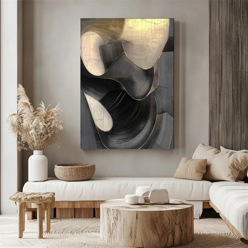 Golden Eclipse-3D Geometric Black Gold Flowing Surface Abstract Wall Art - artextured