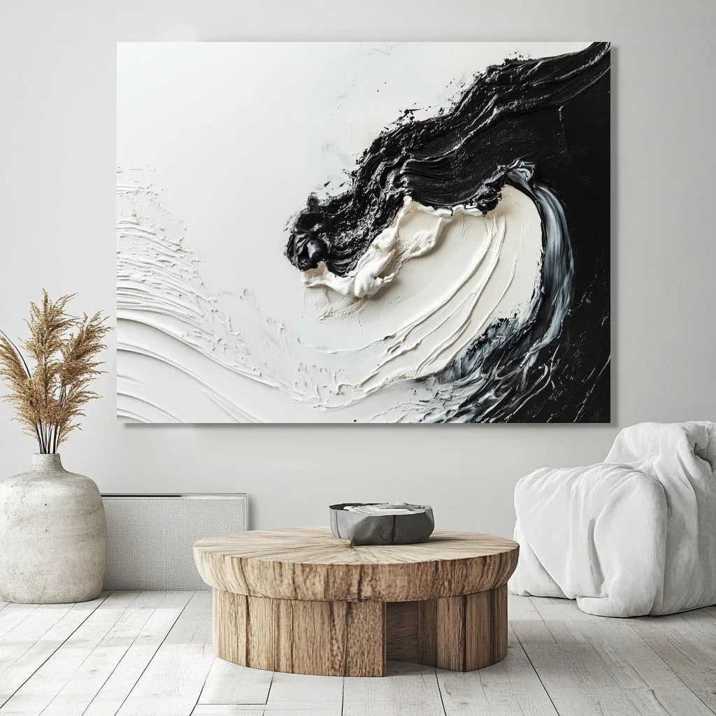Monochrome Symphony Canvas-Hand-Drawn Black and White Fluid Three-Dimensional Abstract Wall Art - artextured