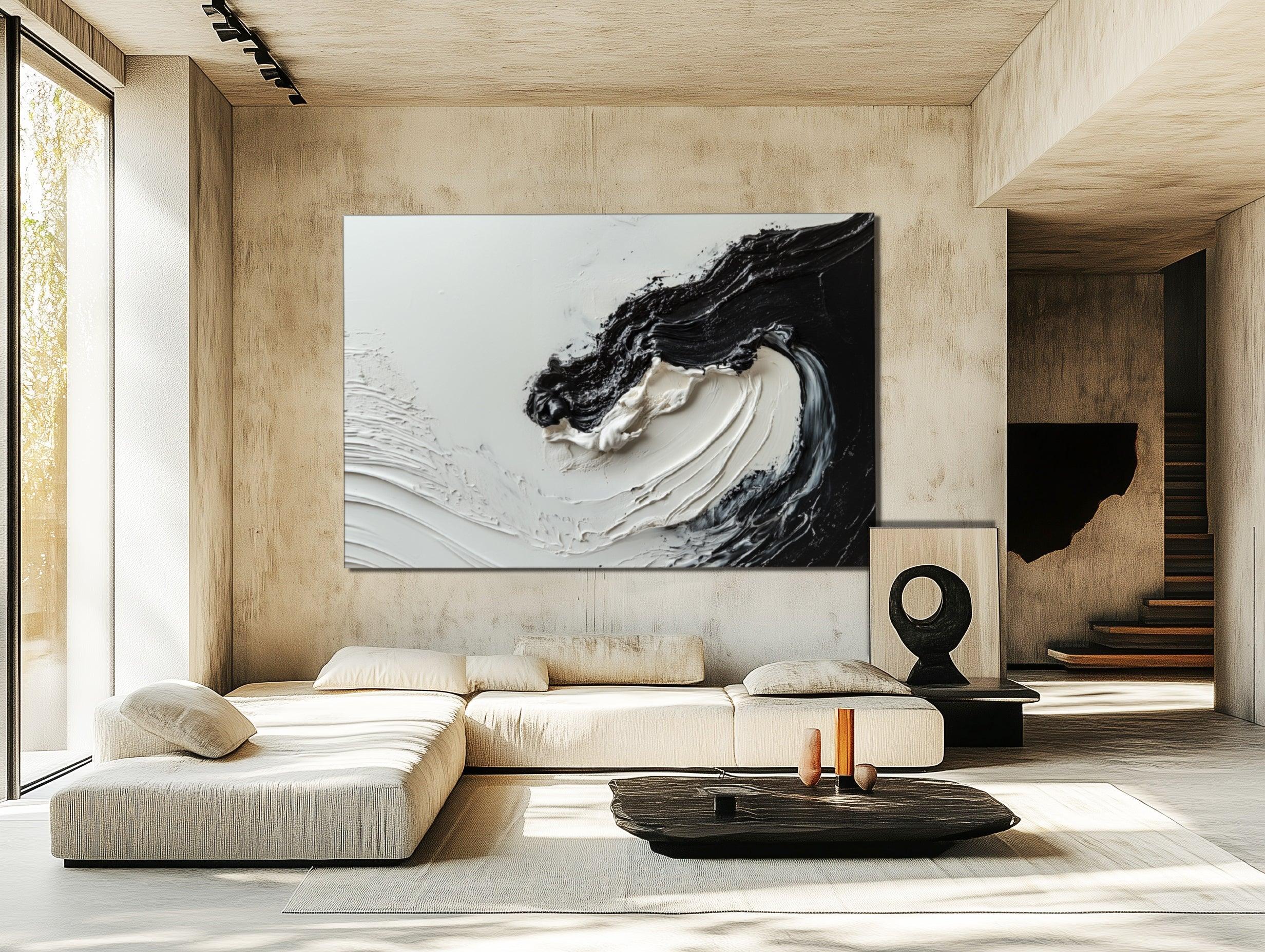 Monochrome Symphony Canvas-Hand-Drawn Black and White Fluid Three-Dimensional Abstract Wall Art - artextured