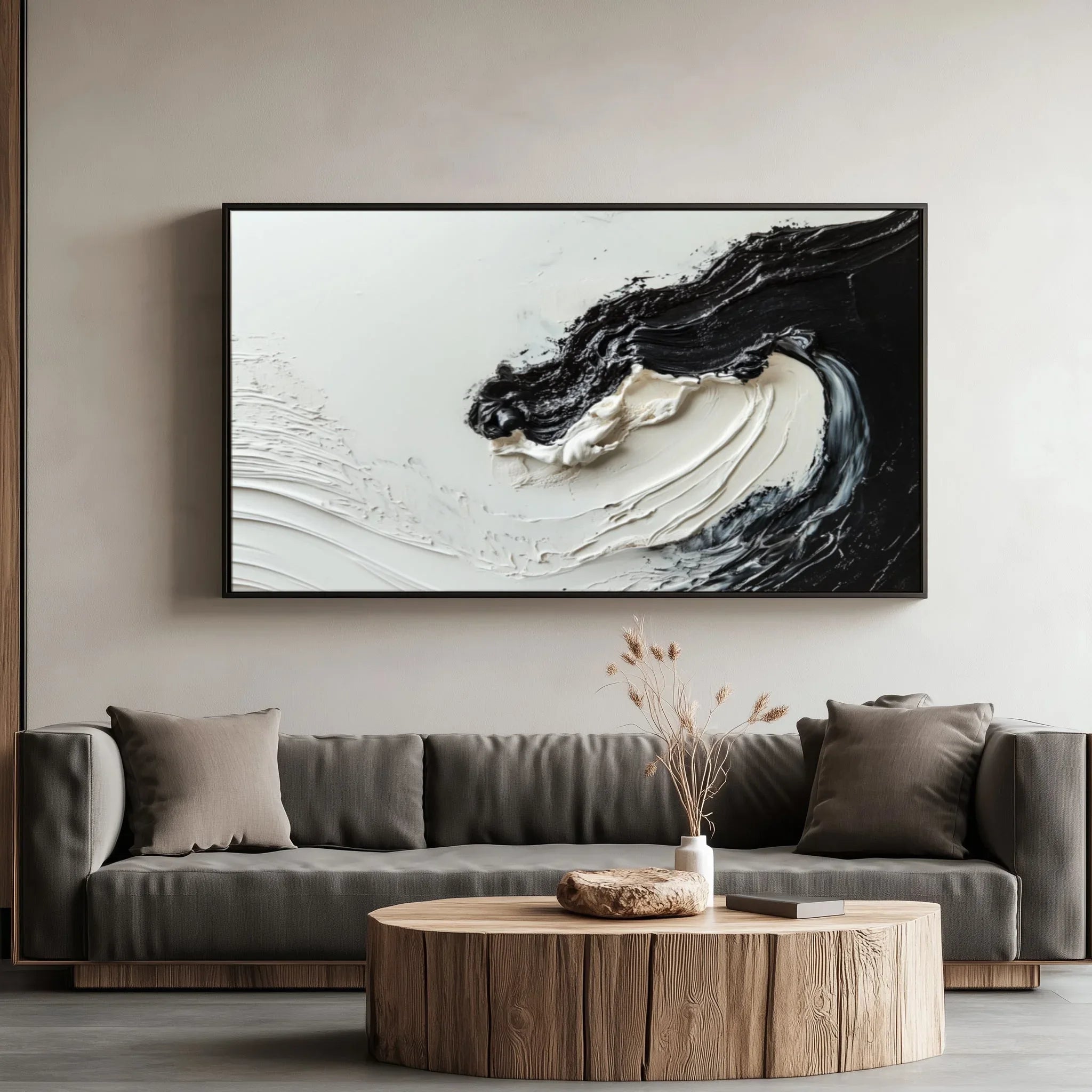Monochrome Symphony Canvas-Hand-Drawn Black and White Fluid Three-Dimensional Abstract Wall Art - artextured