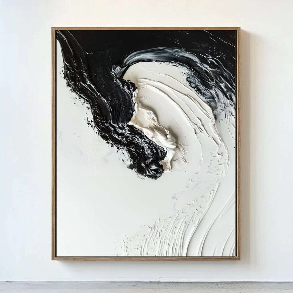 Monochrome Symphony Canvas-Hand-Drawn Black and White Fluid Three-Dimensional Abstract Wall Art - artextured