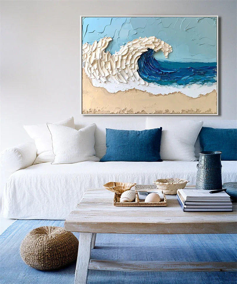 Azure Tide Canvas Art-Modern Minimalist Blue White Brown Seaside Thick Painted Abstract Wall Art - artextured