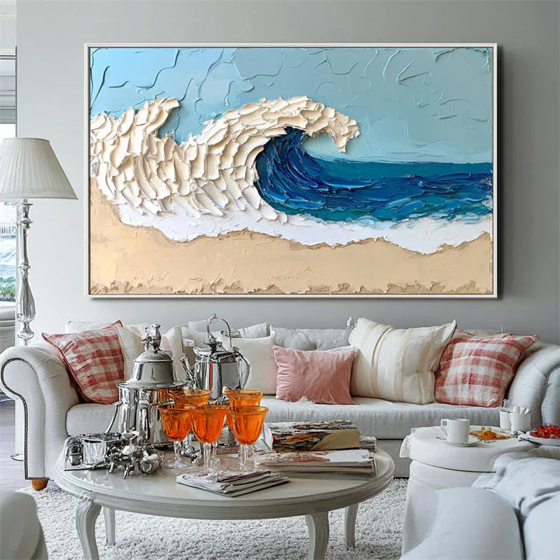 Azure Tide Canvas Art-Modern Minimalist Blue White Brown Seaside Thick Painted Abstract Wall Art - artextured