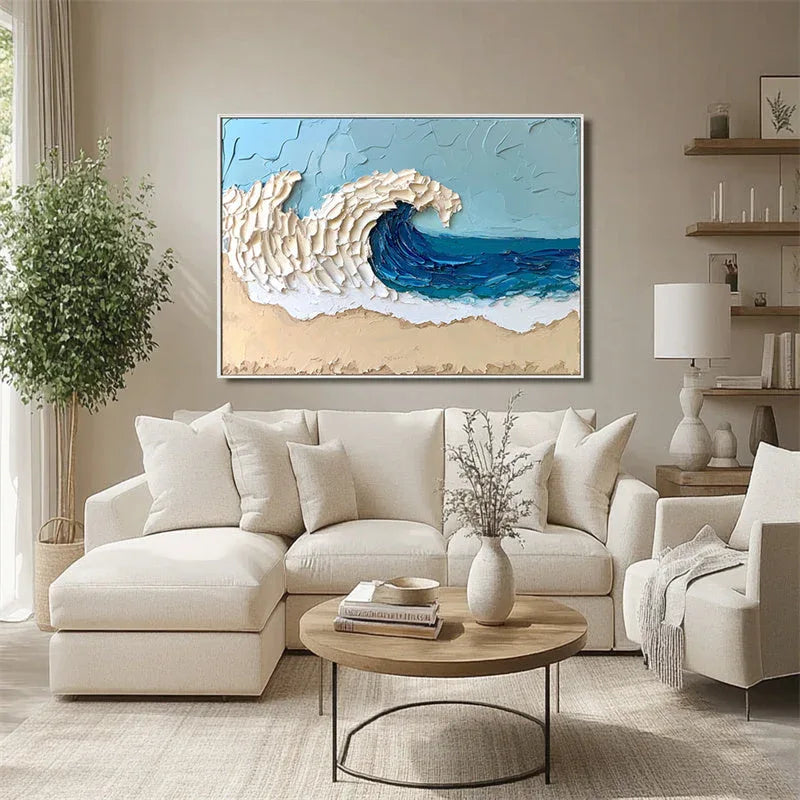 Azure Tide Canvas Art-Modern Minimalist Blue White Brown Seaside Thick Painted Abstract Wall Art - artextured