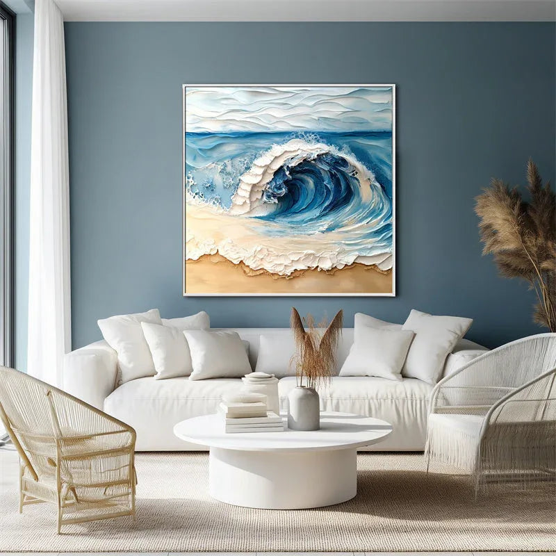 Ocean Crest Canvas Art-Hand Drawn Three-Dimensional Blue and White Wavy Beach Texture Oil Painting Wall Art - artextured