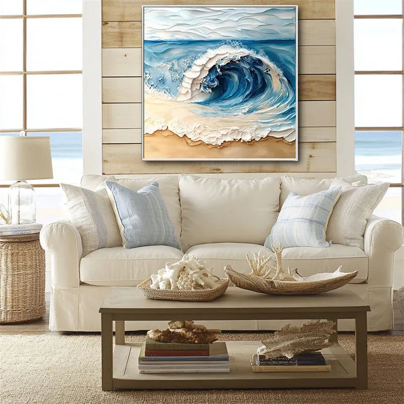 Ocean Crest Canvas Art-Hand Drawn Three-Dimensional Blue and White Wavy Beach Texture Oil Painting Wall Art - artextured