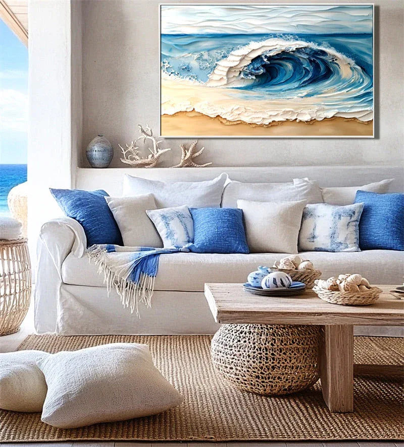 Ocean Crest Canvas Art-Hand Drawn Three-Dimensional Blue and White Wavy Beach Texture Oil Painting Wall Art - artextured