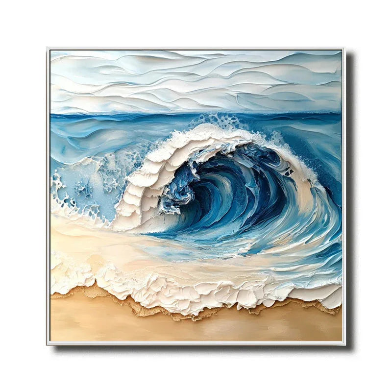 Ocean Crest Canvas Art-Hand Drawn Three-Dimensional Blue and White Wavy Beach Texture Oil Painting Wall Art - artextured