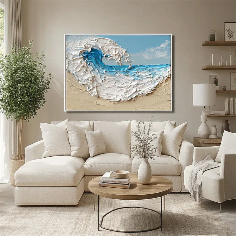 Tidal Symphony Canvas Art-3D Blue and White Wave Beach Texture Abstract Oil Painting Wall Art - artextured