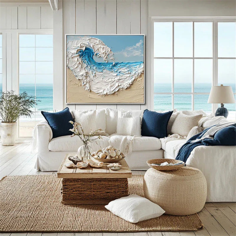 Tidal Symphony Canvas Art-3D Blue and White Wave Beach Texture Abstract Oil Painting Wall Art - artextured