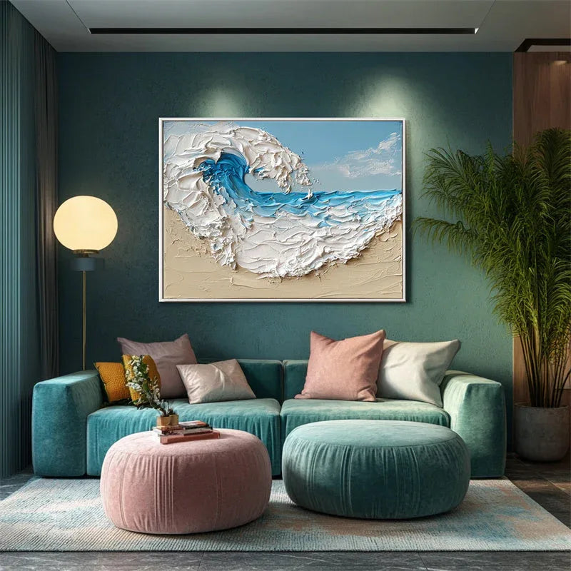 Tidal Symphony Canvas Art-3D Blue and White Wave Beach Texture Abstract Oil Painting Wall Art - artextured