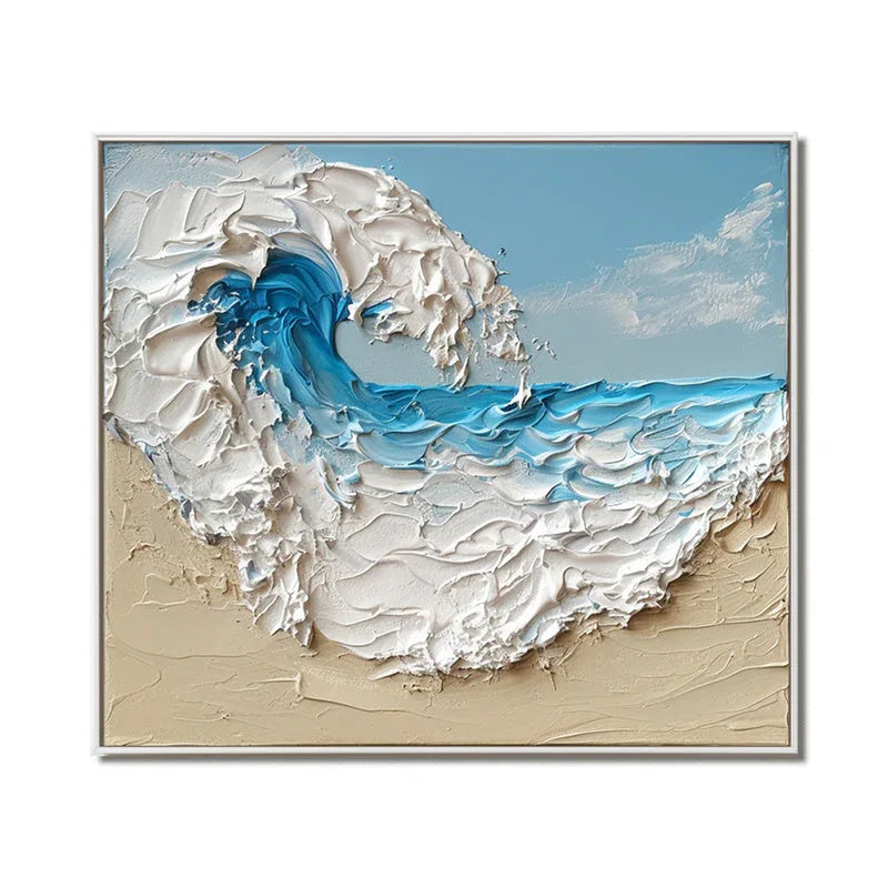 Tidal Symphony Canvas Art-3D Blue and White Wave Beach Texture Abstract Oil Painting Wall Art - artextured