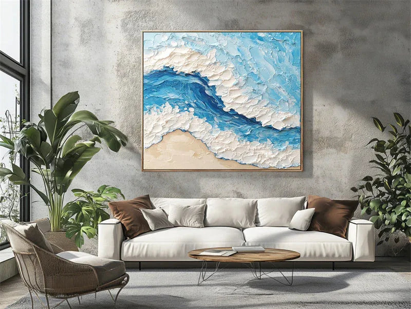 Ocean Wave-3D Minimalist Blue and White Sea Waves Beach Modern Home Texture Wall Art - artextured