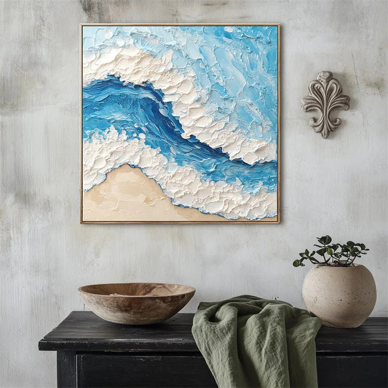 Ocean Wave-3D Minimalist Blue and White Sea Waves Beach Modern Home Texture Wall Art - artextured