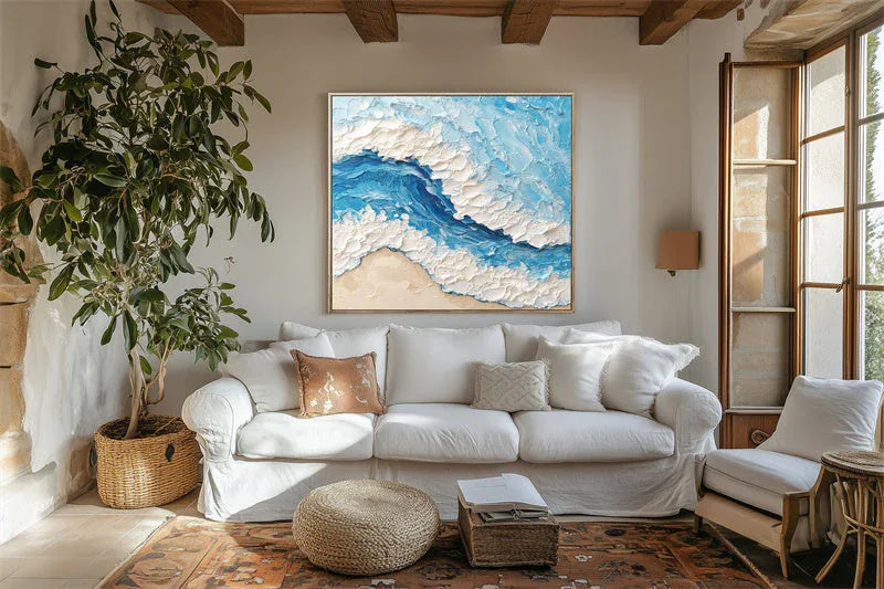 Ocean Wave-3D Minimalist Blue and White Sea Waves Beach Modern Home Texture Wall Art - artextured