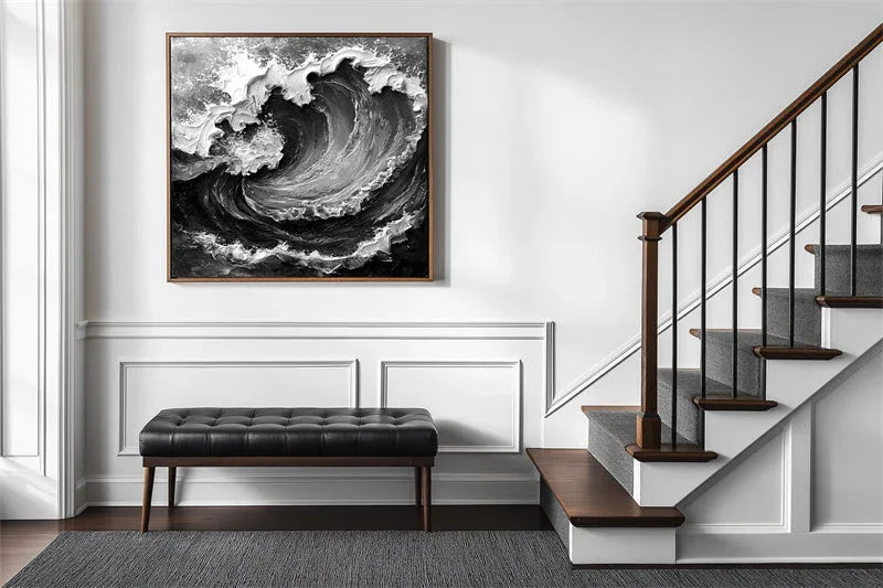Powerful Wave - Stereoscopic Dynamic Black and White Wave Texture Oil Painting Wall Art - artextured