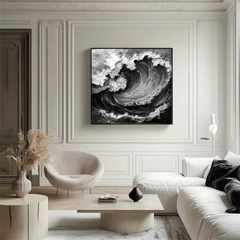 Powerful Wave - Stereoscopic Dynamic Black and White Wave Texture Oil Painting Wall Art - artextured