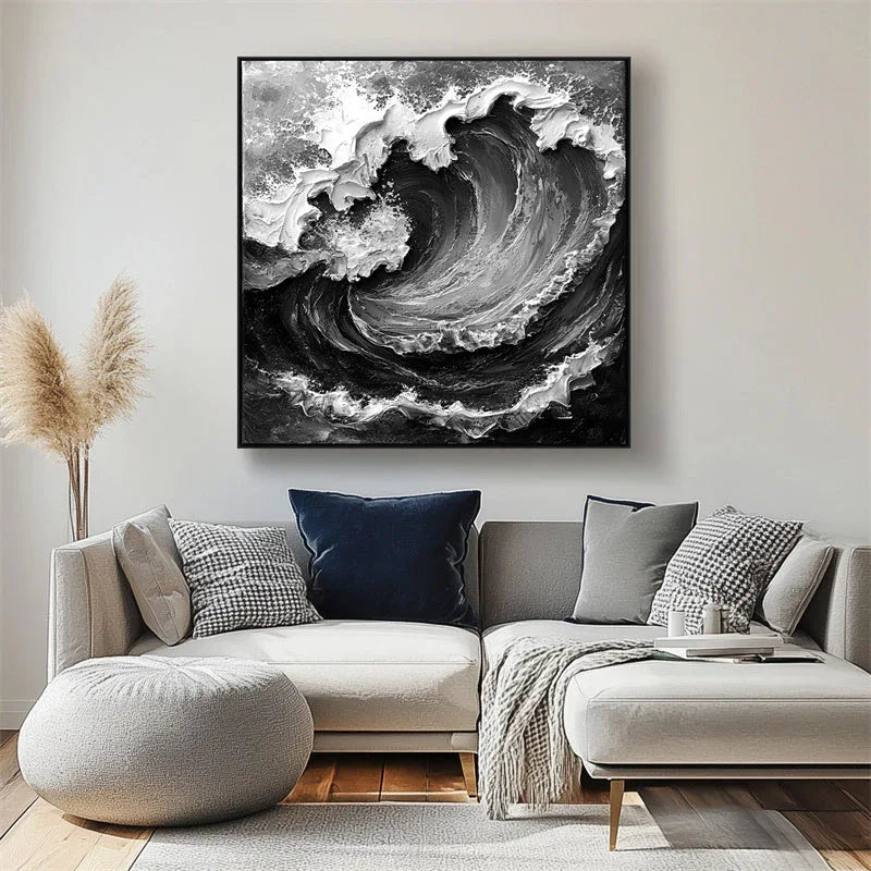 Powerful Wave - Stereoscopic Dynamic Black and White Wave Texture Oil Painting Wall Art - artextured