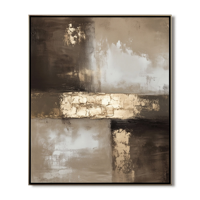Golden Mirage-Abstract Oil Painting Wall Art With Minimalist Geometric Blocks and Hand Drawn Textures