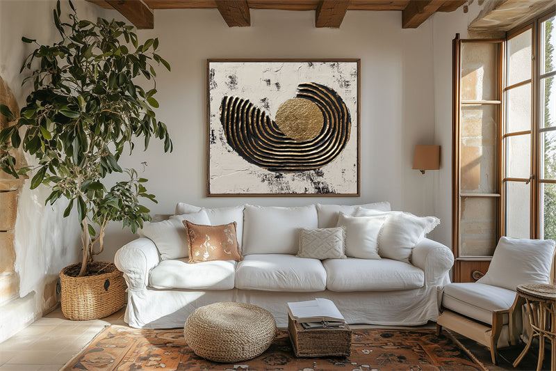 Celestial Swirl-Abstract Texture Wall Art With Geometric Lines Surrounding a Golden Circle