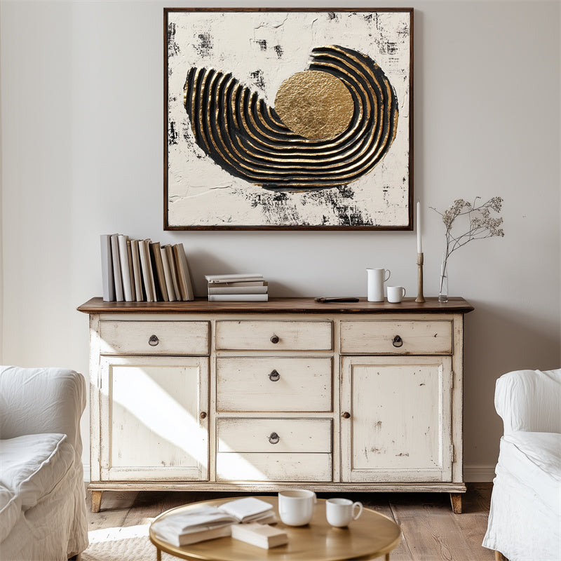 Celestial Swirl-Abstract Texture Wall Art With Geometric Lines Surrounding a Golden Circle