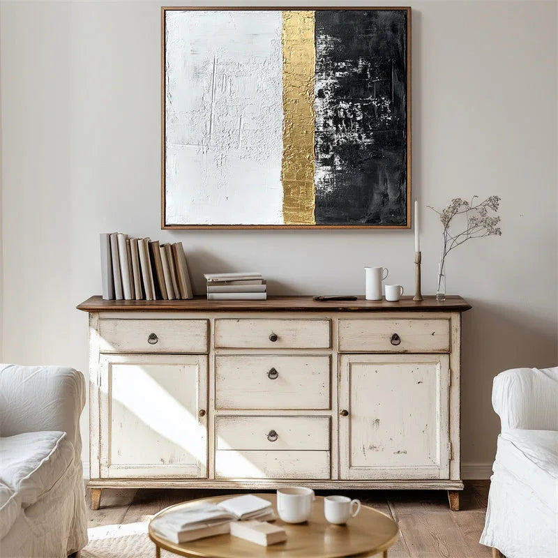 Golden Horizon Abstract Art-Hand Drawn Texture Black Gold White Abstract Minimalist Wall Art - artextured