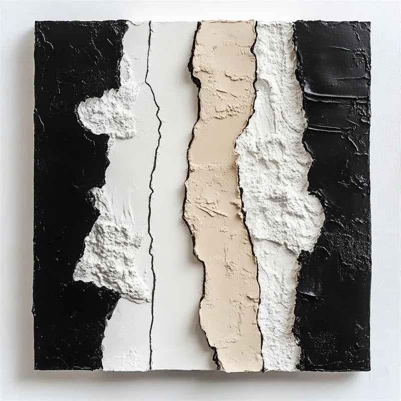 Abstract Contrast Symphony - Hand Drawn Texture Black and White Rice Three-Dimensional Minimalist Abstract Wall Art - artextured